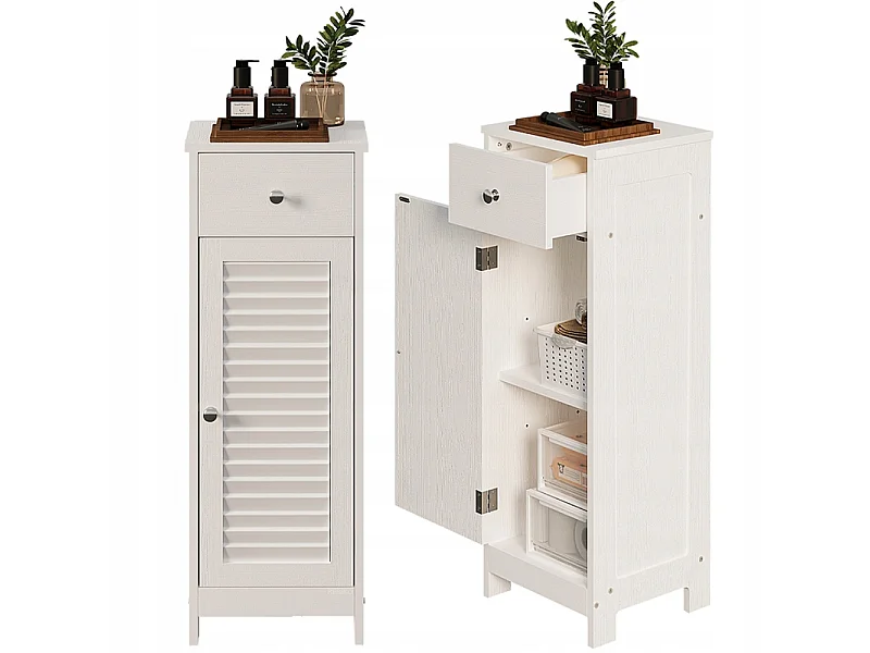 Mobile da bagno a colonna con ante, bianco, alto, 2 ripiani e un cassetto, stile loft, 87 cm