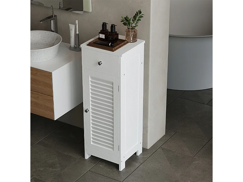Mobile da bagno a colonna con ante, bianco, alto, 2 ripiani e un cassetto, stile loft, 87 cm