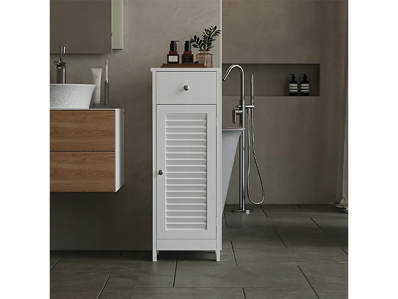 Mobile da bagno a colonna con ante, bianco, alto, 2 ripiani e un cassetto, stile loft, 87 cm