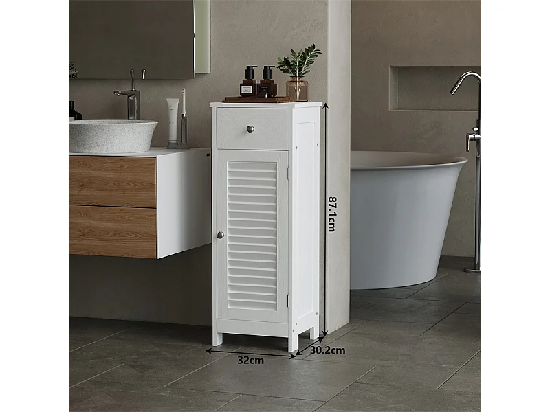 Mobile da bagno a colonna con ante, bianco, alto, 2 ripiani e un cassetto, stile loft, 87 cm