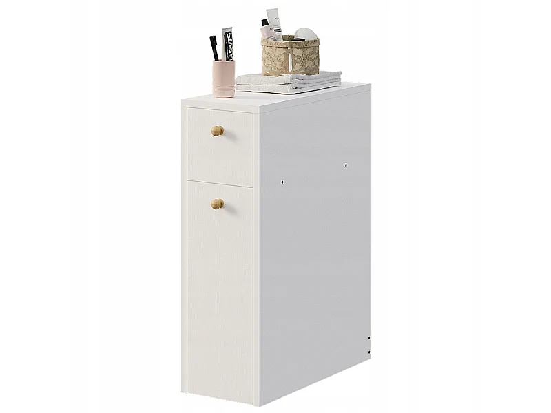 Mobile da bagno stretto, colonna a scaffali bianca con cassetti e ripiano, in stile moderno