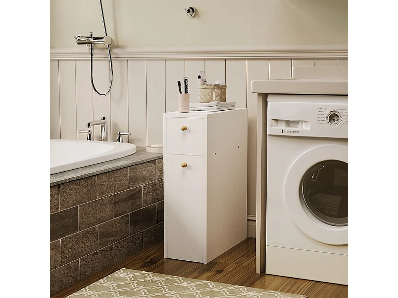 Mobile da bagno stretto, colonna a scaffali bianca con cassetti e ripiano, in stile moderno