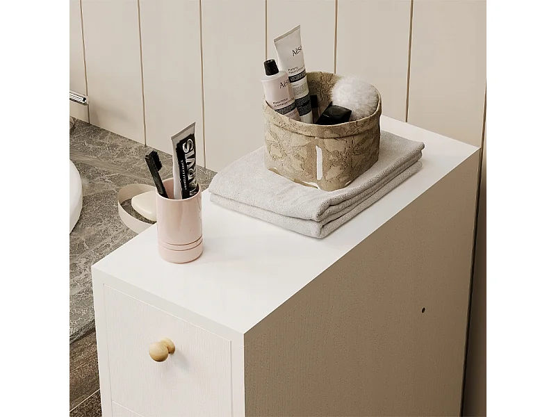 Mobile da bagno stretto, colonna a scaffali bianca con cassetti e ripiano, in stile moderno