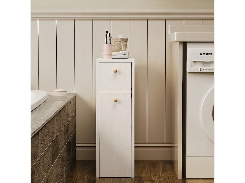 Mobile da bagno stretto, colonna a scaffali bianca con cassetti e ripiano, in stile moderno