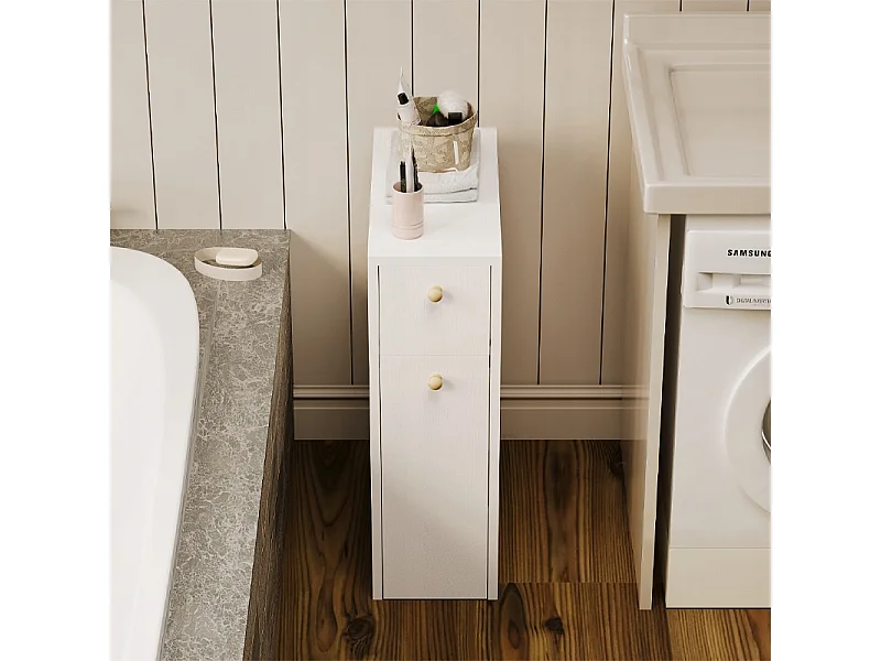 Mobile da bagno stretto, colonna a scaffali bianca con cassetti e ripiano, in stile moderno