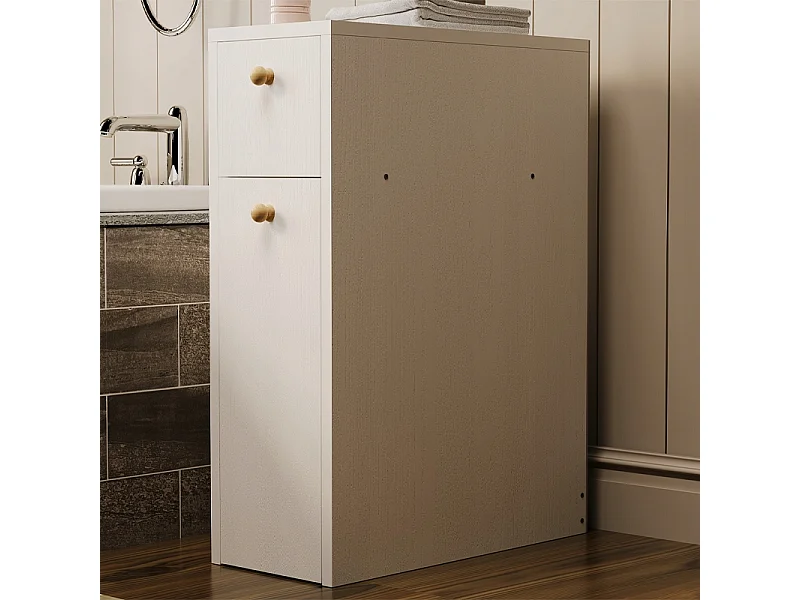 Mobile da bagno stretto, colonna a scaffali bianca con cassetti e ripiano, in stile moderno
