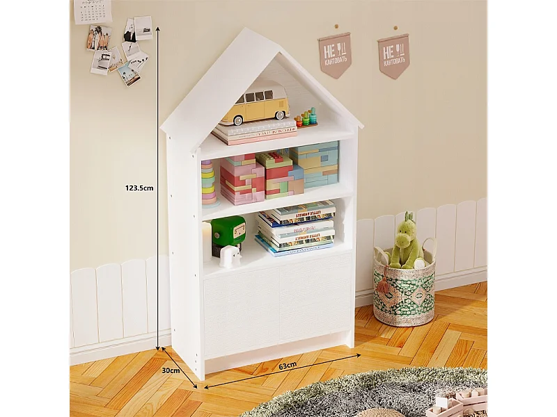 Étagère pour enfants en forme de maisonnette pour ranger jouets, poupées et livres – grande armoire blanche avec étagère de 63 cm