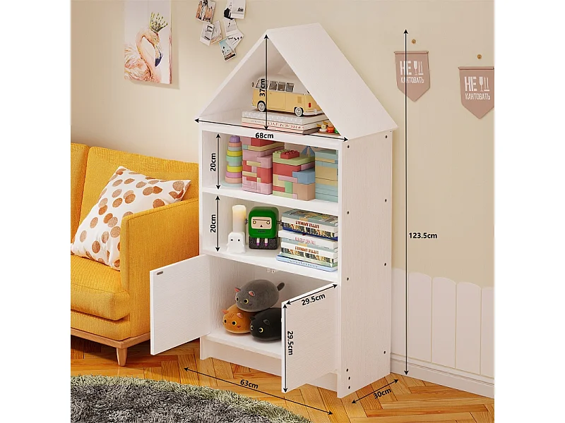 Étagère pour enfants en forme de maisonnette pour ranger jouets, poupées et livres – grande armoire blanche avec étagère de 63 cm