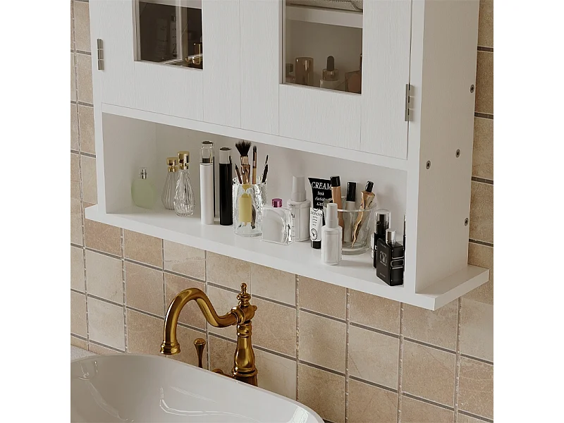 Mobile da bagno sospeso bianco a 2 ante in vetro, stile loft, con ripiani, 58 cm