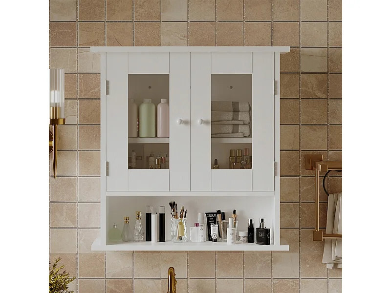 Mobile da bagno sospeso bianco a 2 ante in vetro, stile loft, con ripiani, 58 cm