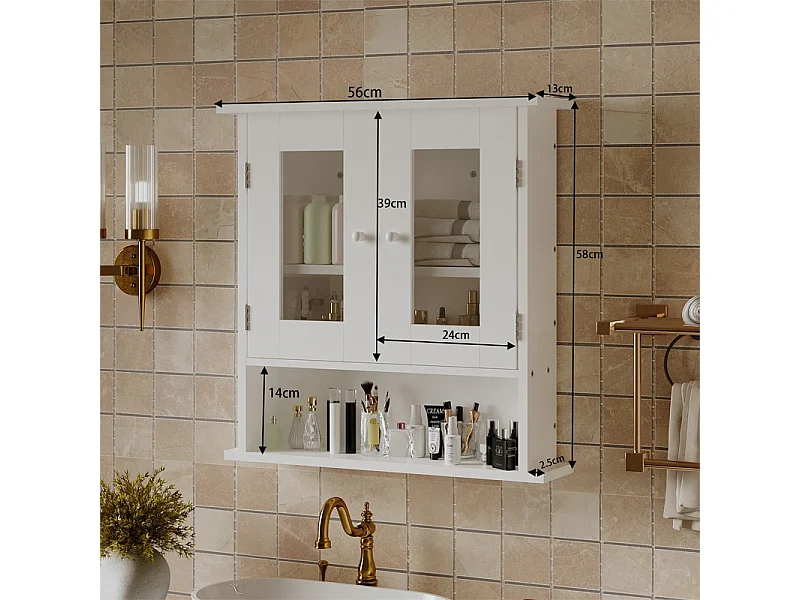 Mobile da bagno sospeso bianco a 2 ante in vetro, stile loft, con ripiani, 58 cm