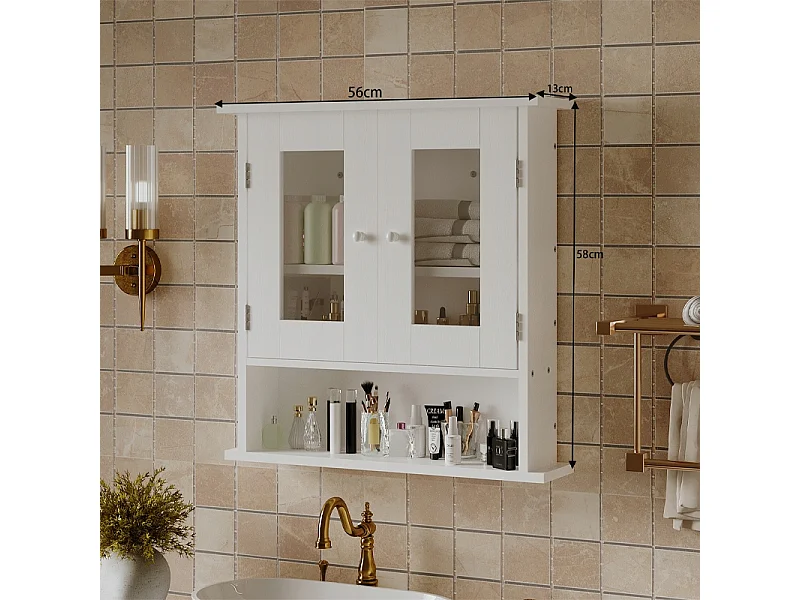 Mobile da bagno sospeso bianco a 2 ante in vetro, stile loft, con ripiani, 58 cm