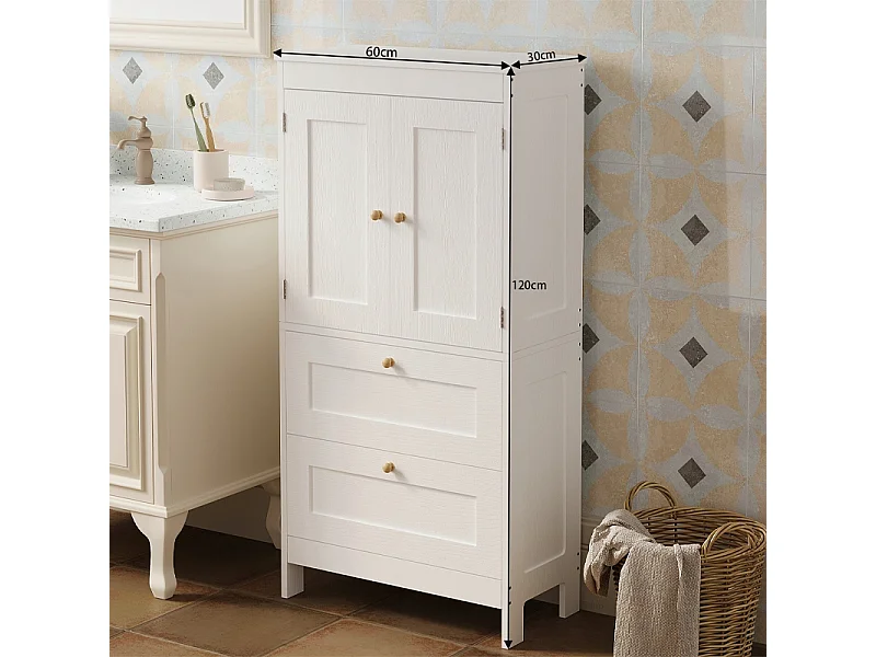 Mobile da bagno a colonna con 2 cassetti e ante, bianco stile loft, 120 cm