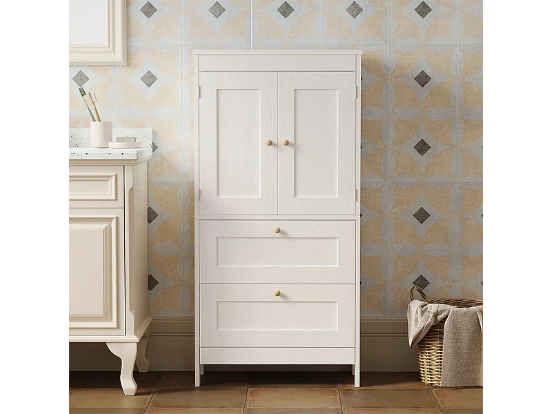 Mobile da bagno a colonna con 2 cassetti e ante, bianco stile loft, 120 cm