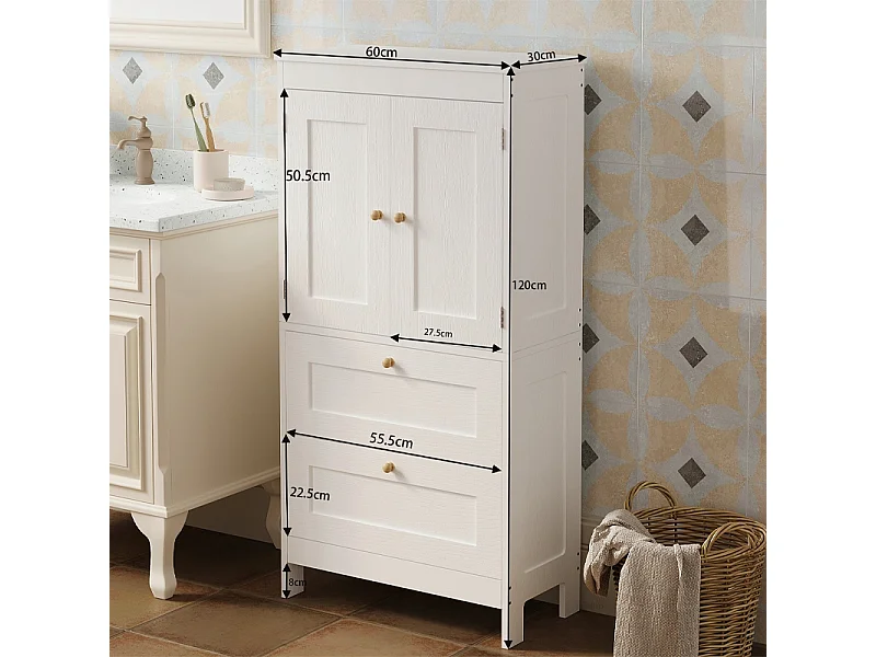 Mobile da bagno a colonna con 2 cassetti e ante, bianco stile loft, 120 cm