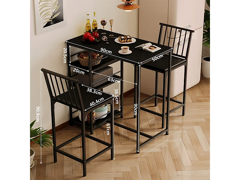 Ensemble table et chaises de bar pour salle à manger avec 2 tabourets noirs de style loft pour la cuisine