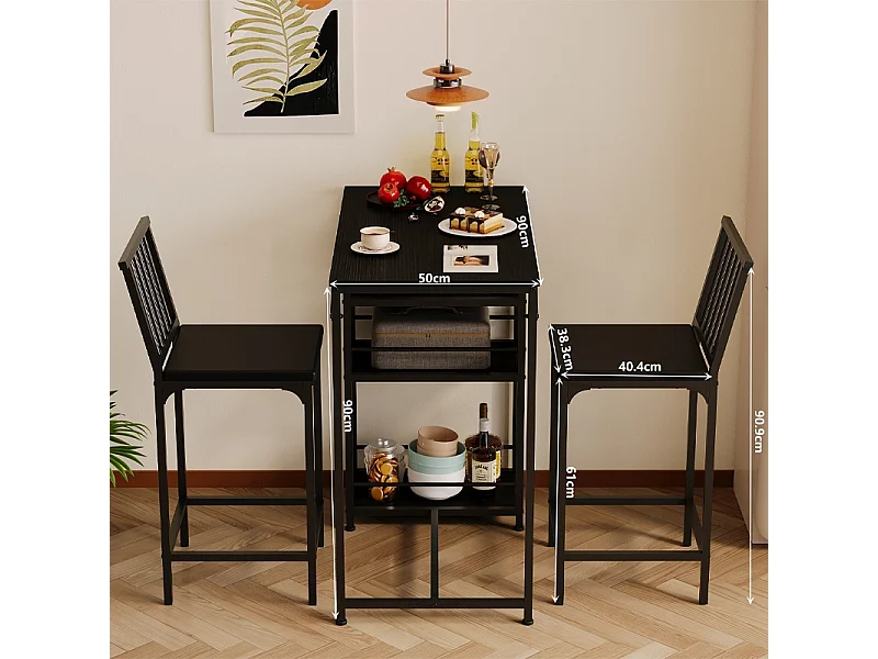 Ensemble table et chaises de bar pour salle à manger avec 2 tabourets noirs de style loft pour la cuisine