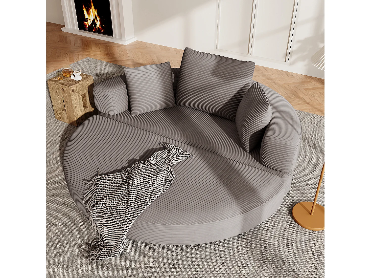 Canapé rond pliable 173x176x40cm - avec coussin - tissu en velours côtelé - gris brunâtre