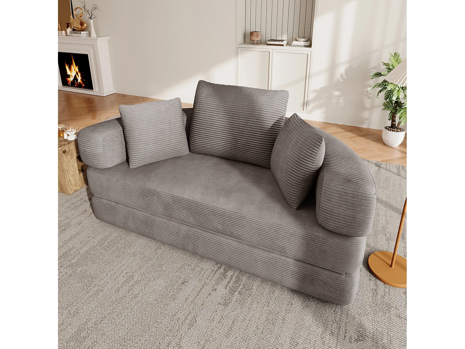Canapé rond pliable 173x176x40cm - avec coussin - tissu en velours côtelé - gris brunâtre