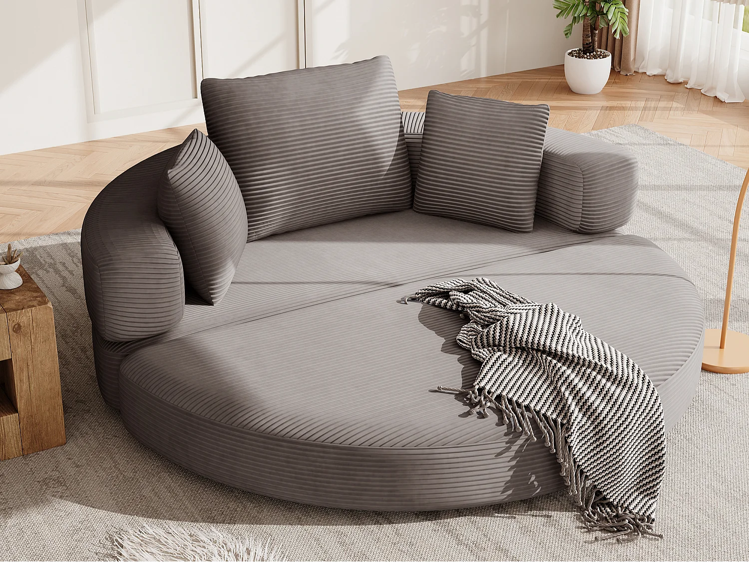 Canapé rond pliable 173x176x40cm - avec coussin - tissu en velours côtelé - gris brunâtre