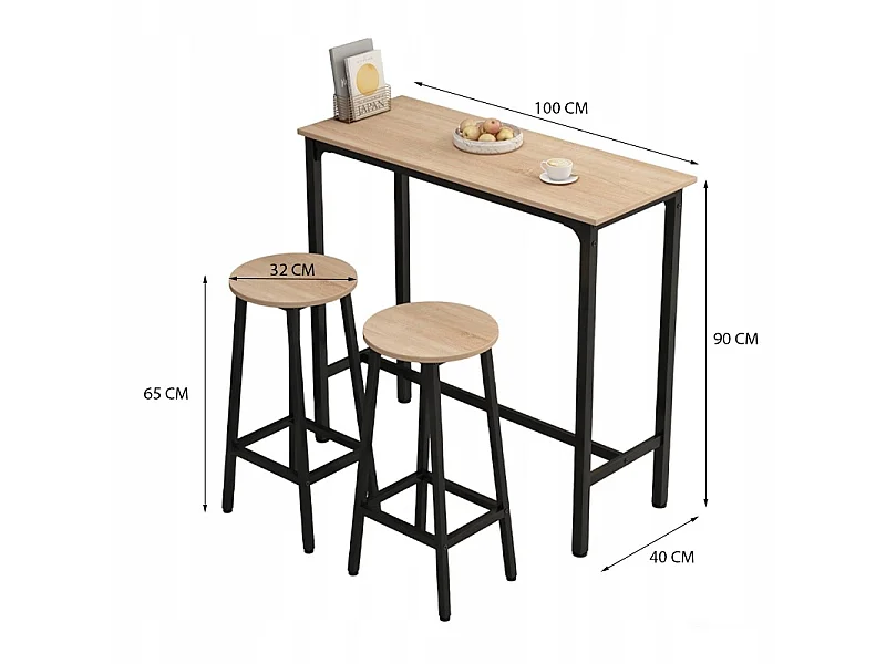 Ensemble de bar : table de cuisine + 2 tabourets de bar, style industriel moderne et loft