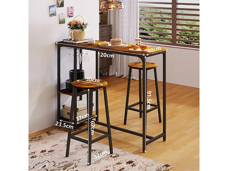 Ensemble comprenant une table et des chaises de bar, une table de salle à manger avec 2 tabourets, style loft rustique