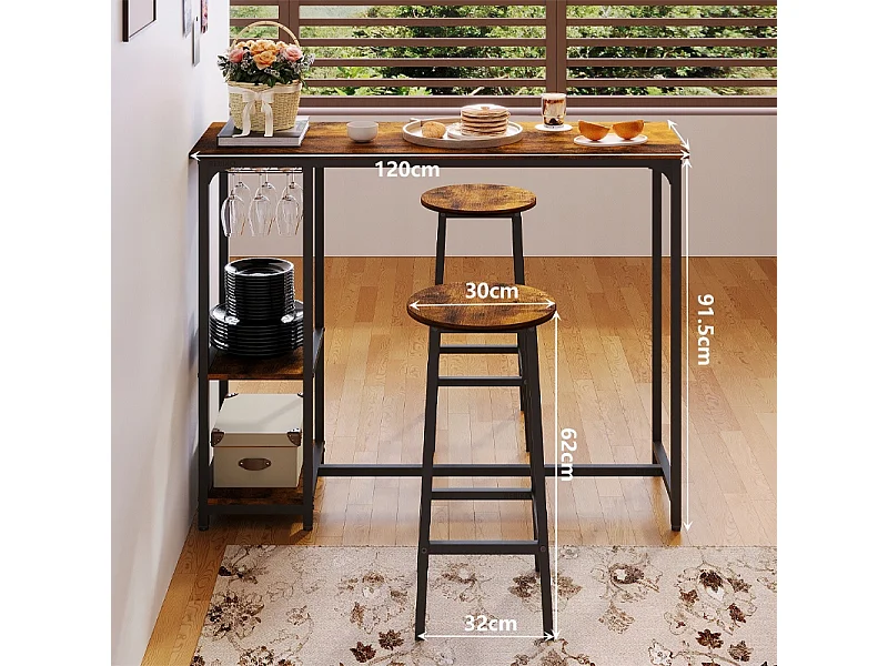Ensemble comprenant une table et des chaises de bar, une table de salle à manger avec 2 tabourets, style loft rustique