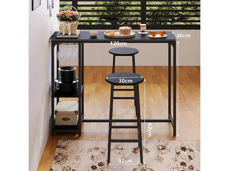 Ensemble table et chaises de bar noires pour salle à manger, avec 2 tabourets, style loft moderne