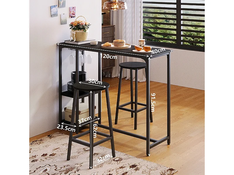 Ensemble table et chaises de bar noires pour salle à manger, avec 2 tabourets, style loft moderne