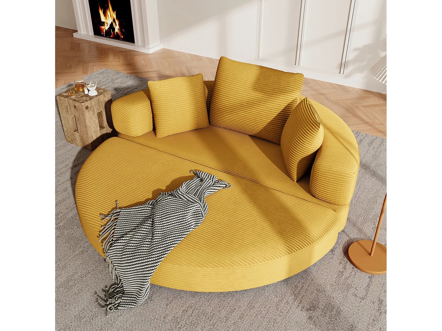 Canapé rond pliable 173x176x40cm - avec coussin - tissu en velours côtelé - jaune