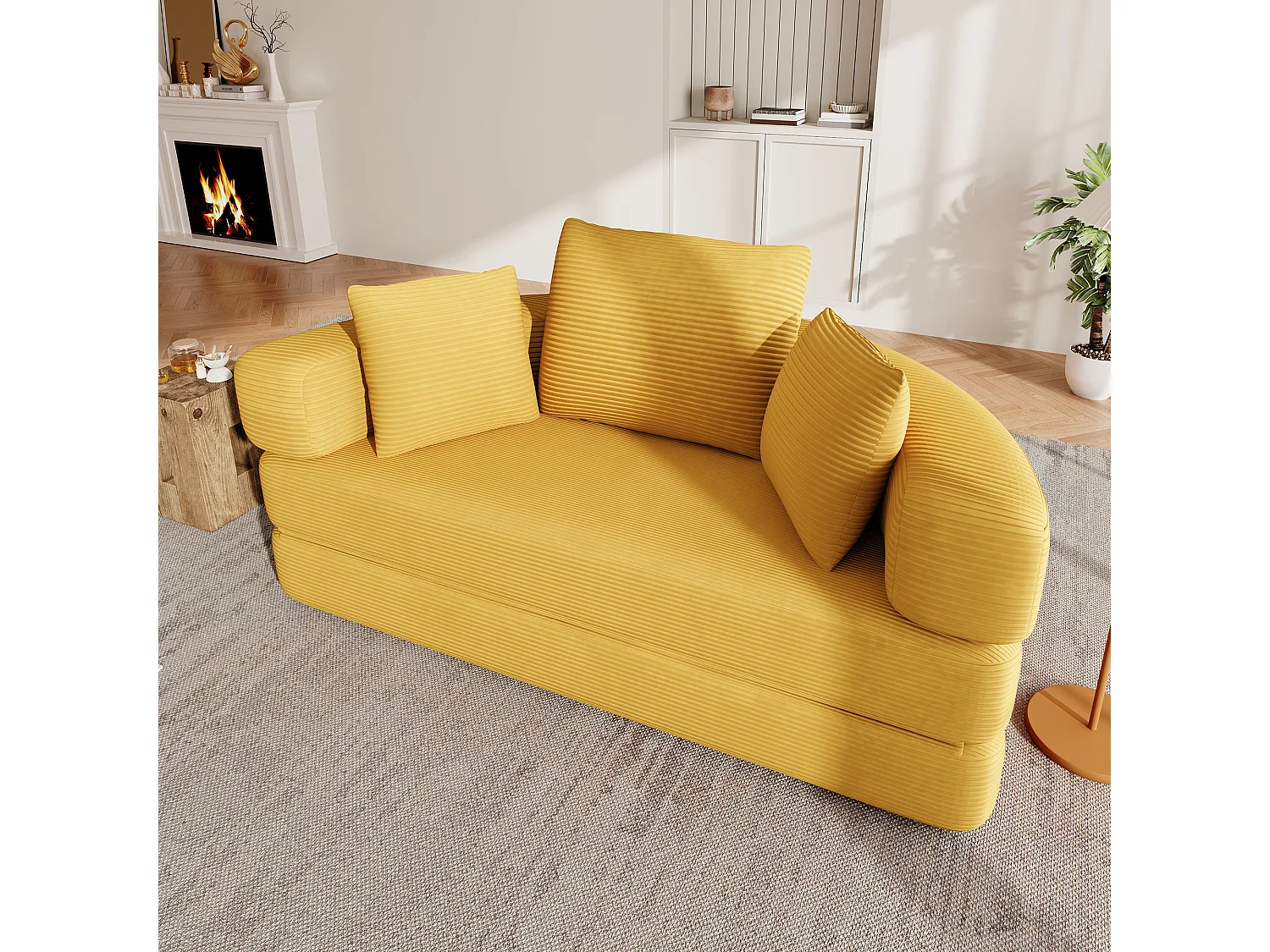 Canapé rond pliable 173x176x40cm - avec coussin - tissu en velours côtelé - jaune