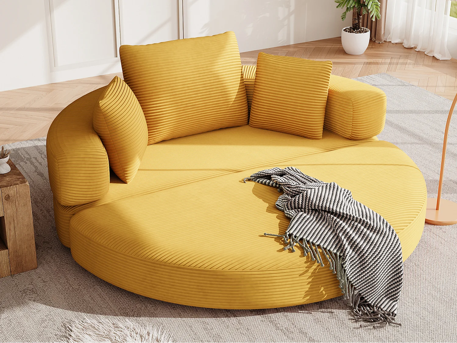 Canapé rond pliable 173x176x40cm - avec coussin - tissu en velours côtelé - jaune
