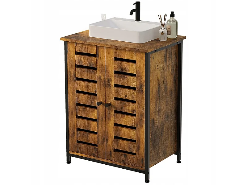 Meuble sous-lavabo de salle de bain marron, style loft, sur pied, rustique, avec étagère