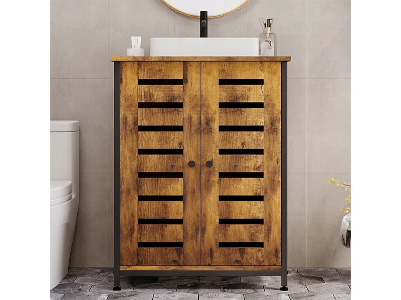Meuble sous-lavabo de salle de bain marron, style loft, sur pied, rustique, avec étagère