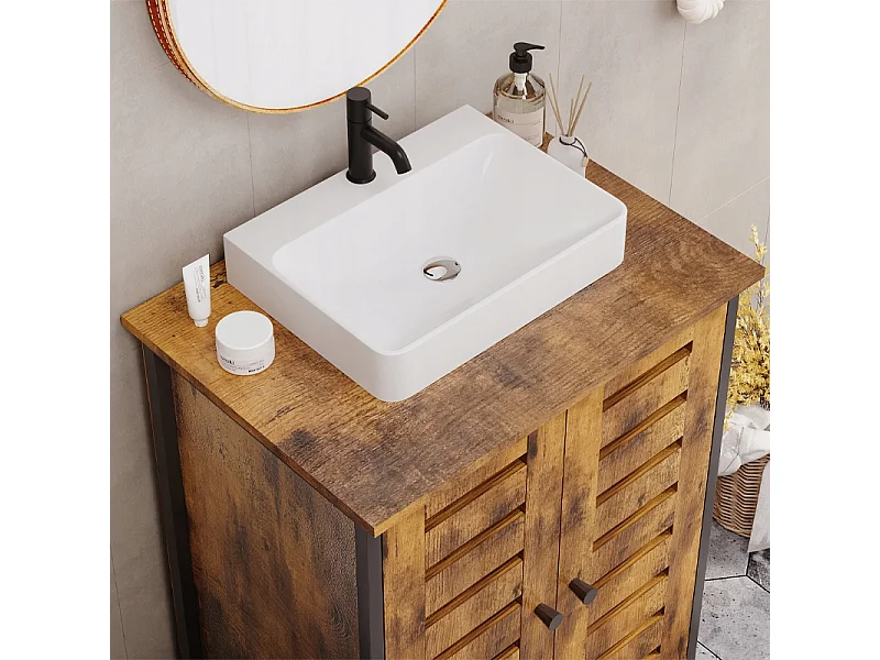 Meuble sous-lavabo de salle de bain marron, style loft, sur pied, rustique, avec étagère