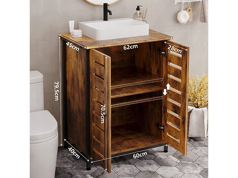Meuble sous-lavabo de salle de bain marron, style loft, sur pied, rustique, avec étagère