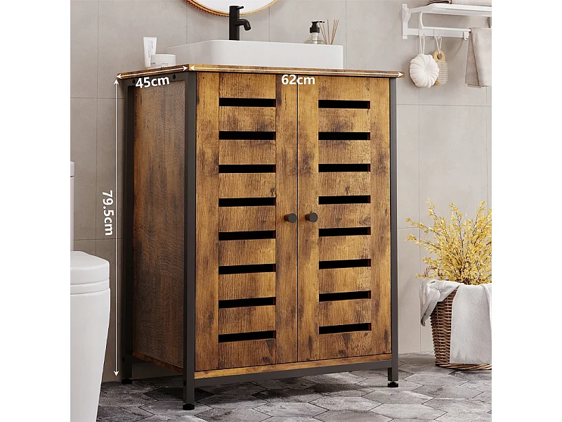 Meuble sous-lavabo de salle de bain marron, style loft, sur pied, rustique, avec étagère