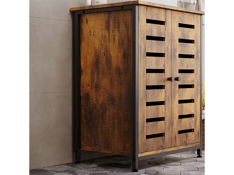 Meuble sous-lavabo de salle de bain marron, style loft, sur pied, rustique, avec étagère