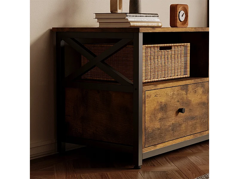 Móvel para televisão com gavetas, estilo vintage loft rústico, castanho, 143 cm