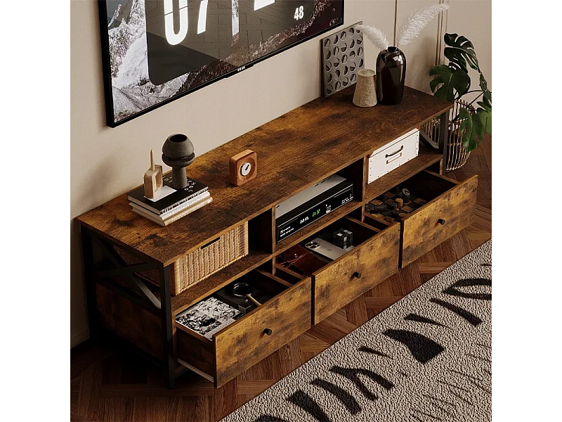 Móvel para televisão com gavetas, estilo vintage loft rústico, castanho, 143 cm