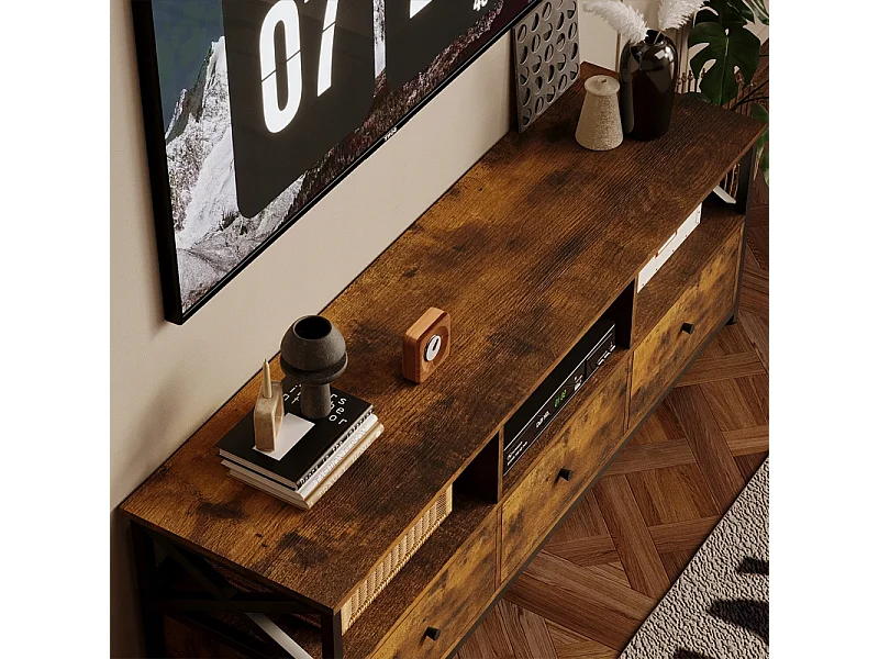 Móvel para televisão com gavetas, estilo vintage loft rústico, castanho, 143 cm