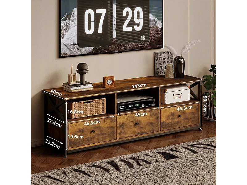 Móvel para televisão com gavetas, estilo vintage loft rústico, castanho, 143 cm