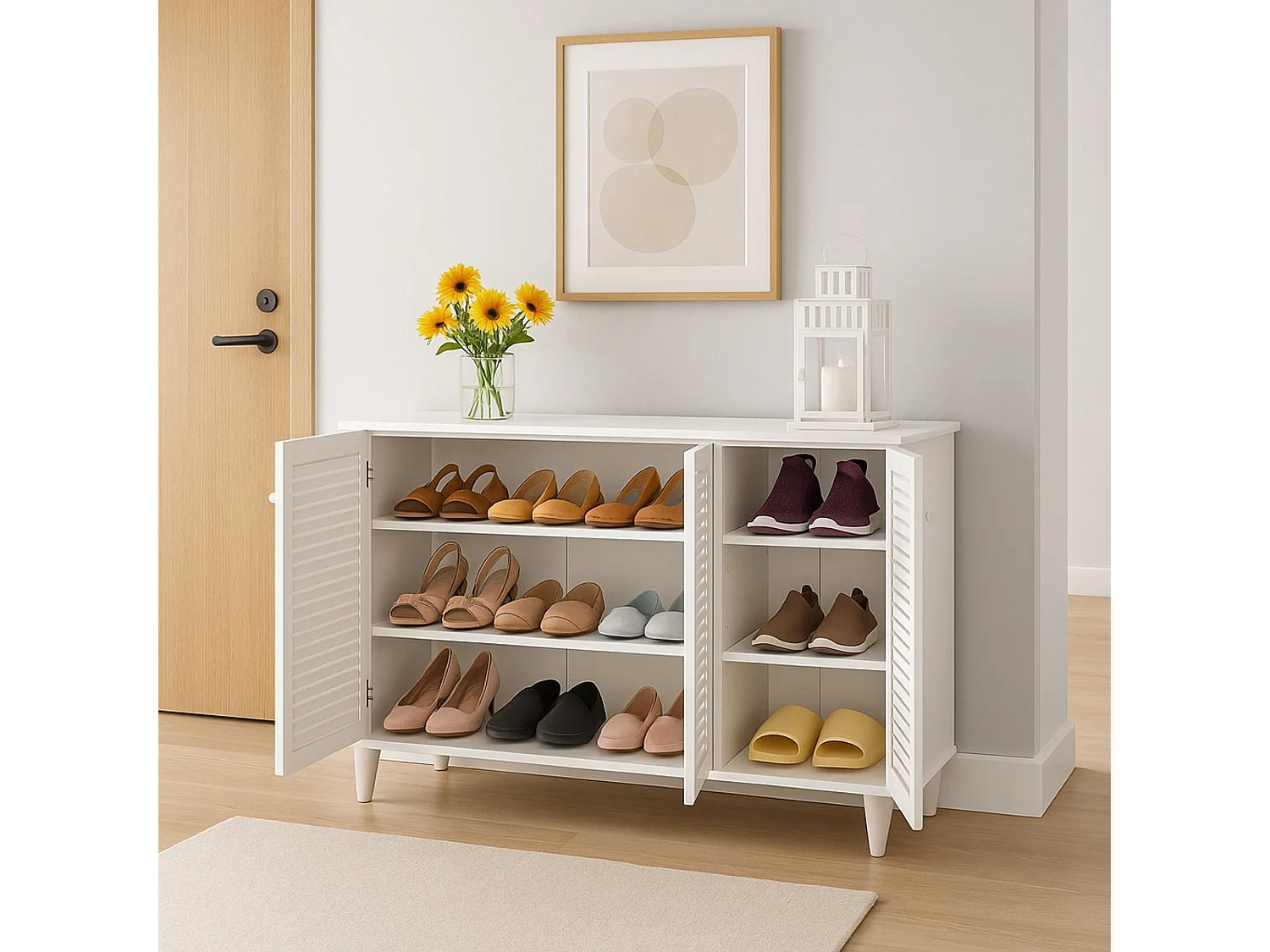 Zapatero Blanco Grande con 3 Estantes y 5 Patas | 105 x 35 x 66 cm | Capacidad hasta 12 Pares | Mueble Recibidor Moderno para Pasillo