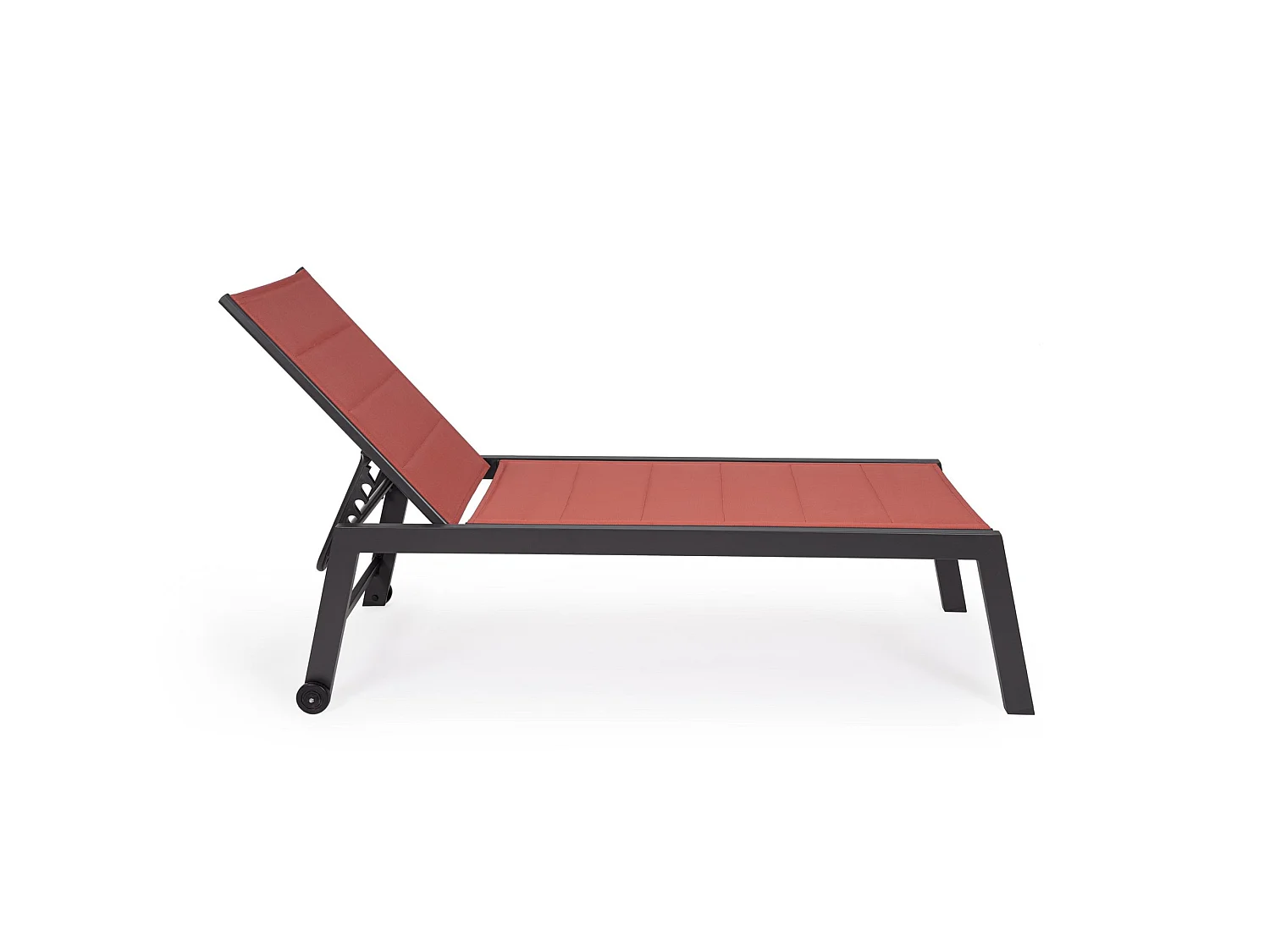 Chaise longue de jardin à roulettes, textilène rembourré rouge - HILDE