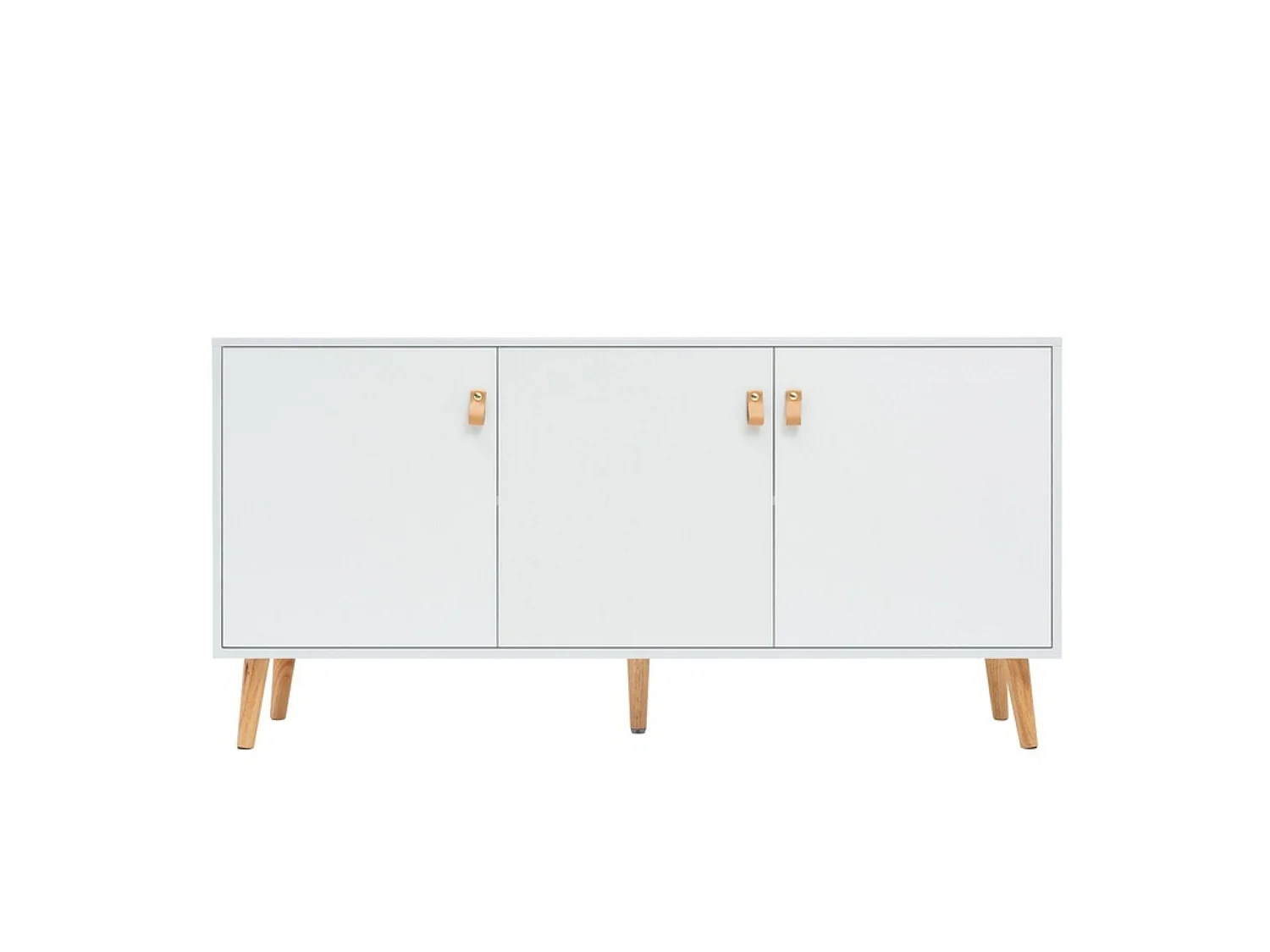 Aparador de 3 Puertas Blanco con Tiradores en Símil Cuero y Patas de Madera de Pino – 140x35x68 cm – Mueble de Almacenaje Estilo Nórdico