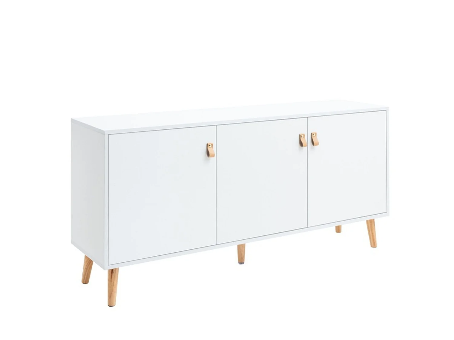 Aparador de 3 Puertas Blanco con Tiradores en Símil Cuero y Patas de Madera de Pino – 140x35x68 cm – Mueble de Almacenaje Estilo Nórdico