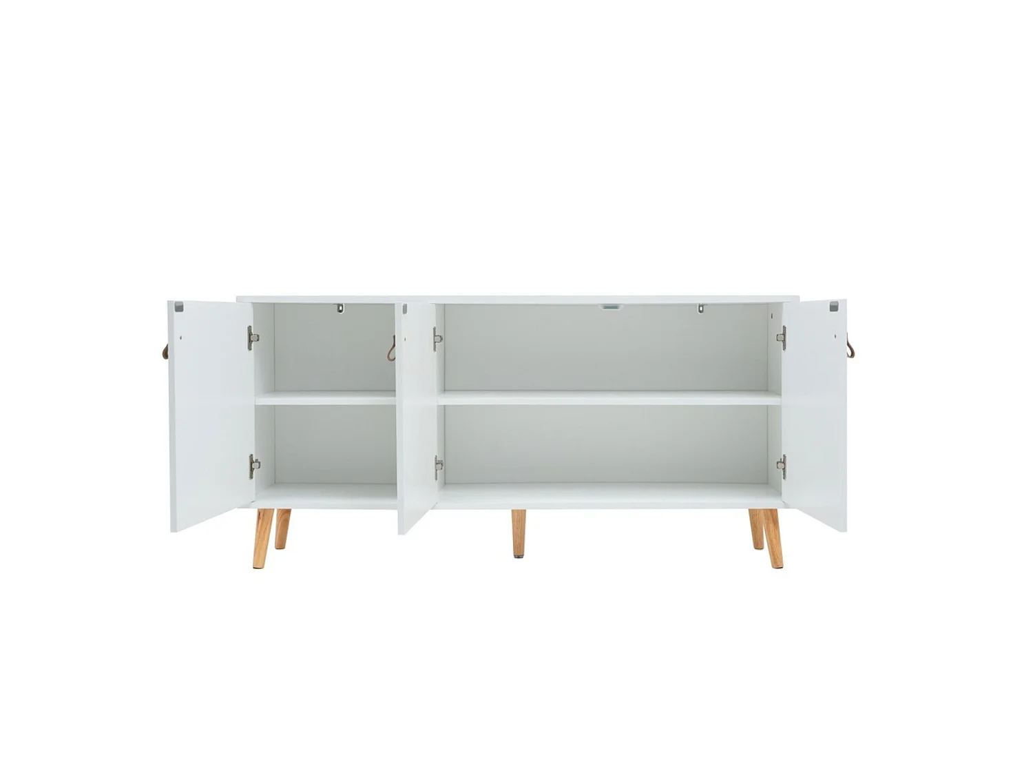 Aparador de 3 Puertas Blanco con Tiradores en Símil Cuero y Patas de Madera de Pino – 140x35x68 cm – Mueble de Almacenaje Estilo Nórdico