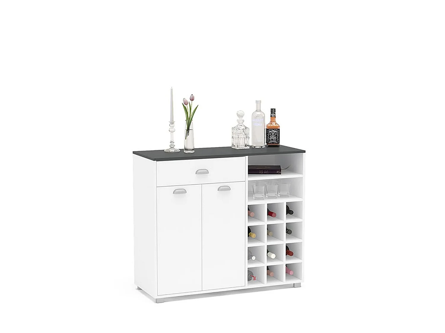 Aparador Buffet Blanco con Botellero y Tapa Gris Grafito – 103x40x90 cm – Mueble de Almacenaje Moderno con Puertas y Estante Interior