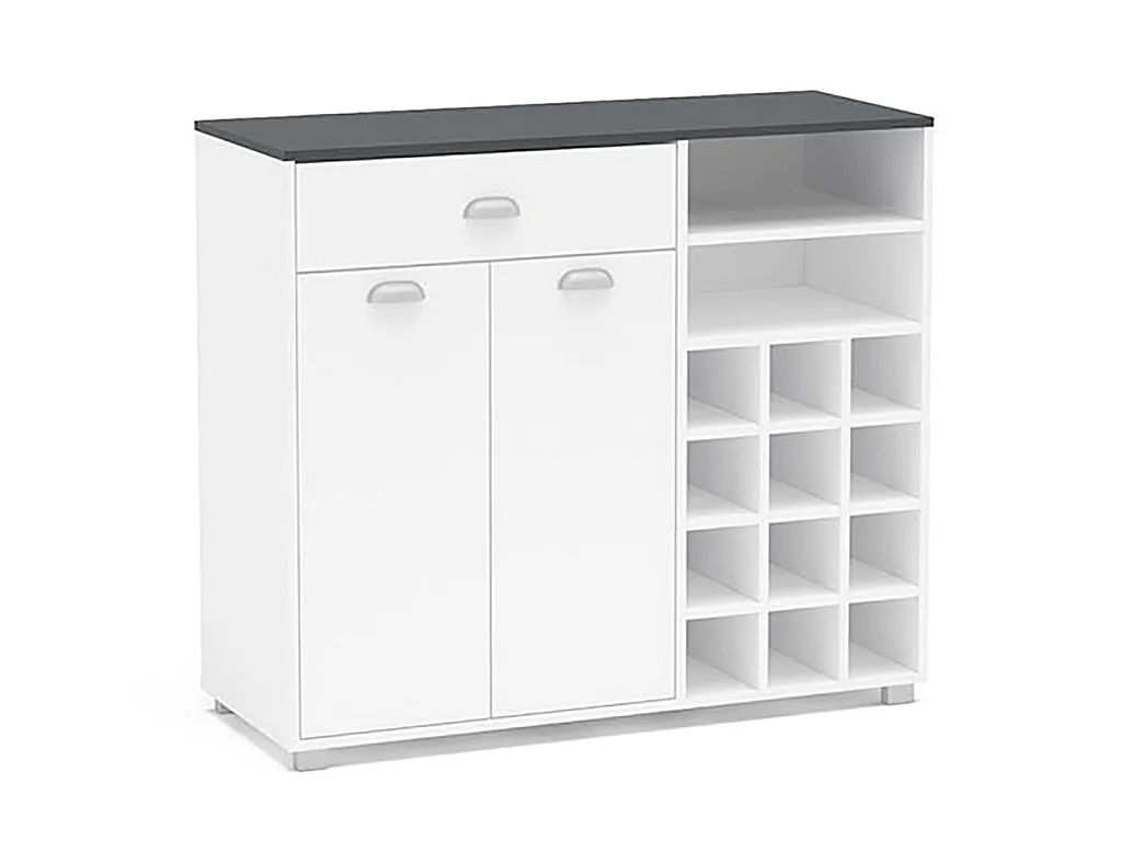 Aparador Buffet Blanco con Botellero y Tapa Gris Grafito – 103x40x90 cm – Mueble de Almacenaje Moderno con Puertas y Estante Interior