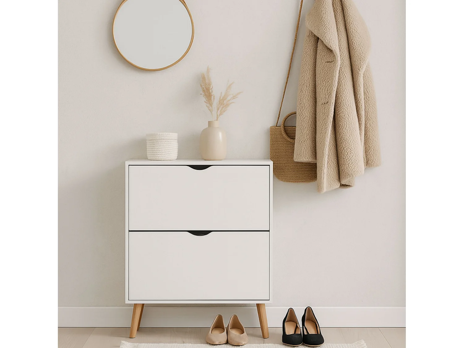 Zapatero Blanco con 2 Trampillas y Patas de Madera Natural – Capacidad 16-24 Pares – Mueble para Calzado Estilo Nórdico 80x22,5x91,5 cm